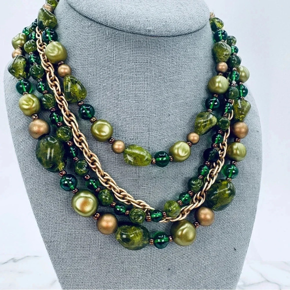 Vintage W. Germany Necklace Green Gold Beaded Multi Strand Graduated Sig… - Picture 1 of 11